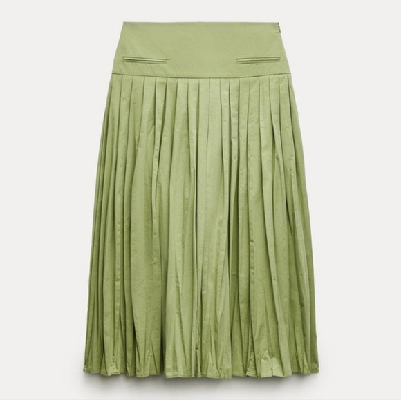 Zara Green Yoke Detail Pleated Skirt ZW Collection Size Large - Picture 8 of 16
